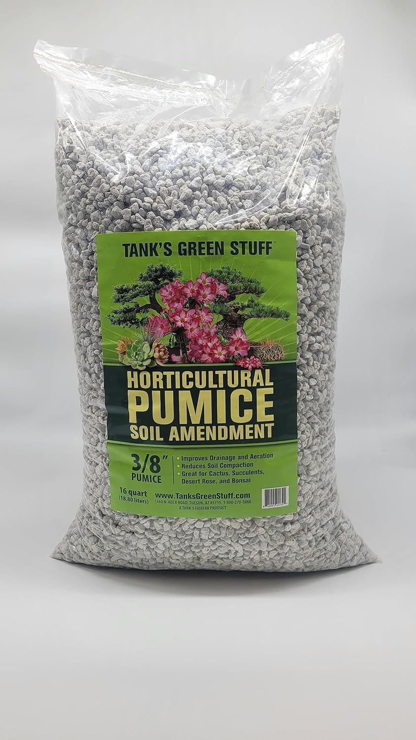 Tank's Green Stuff bag front showing pumice and product size benefits