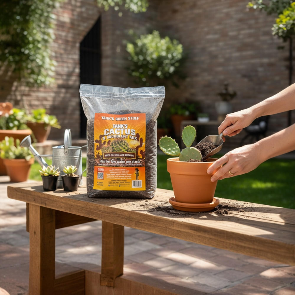 Tank's Green Stuff lifestyle shot on bench in Tucson garden showing trusted grower benefit