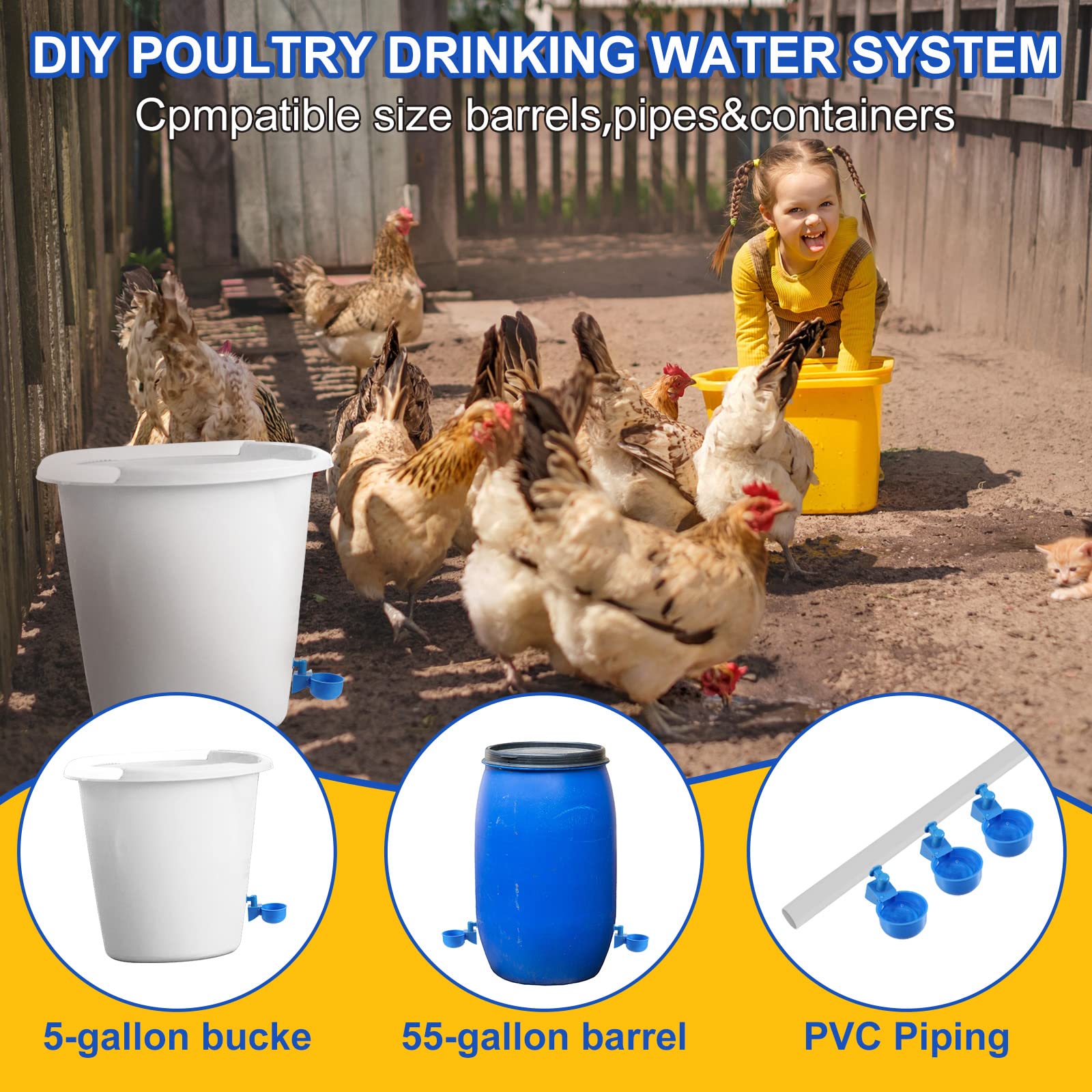 Tanlade waterer cup with chicken drinking showing hygienic water delivery