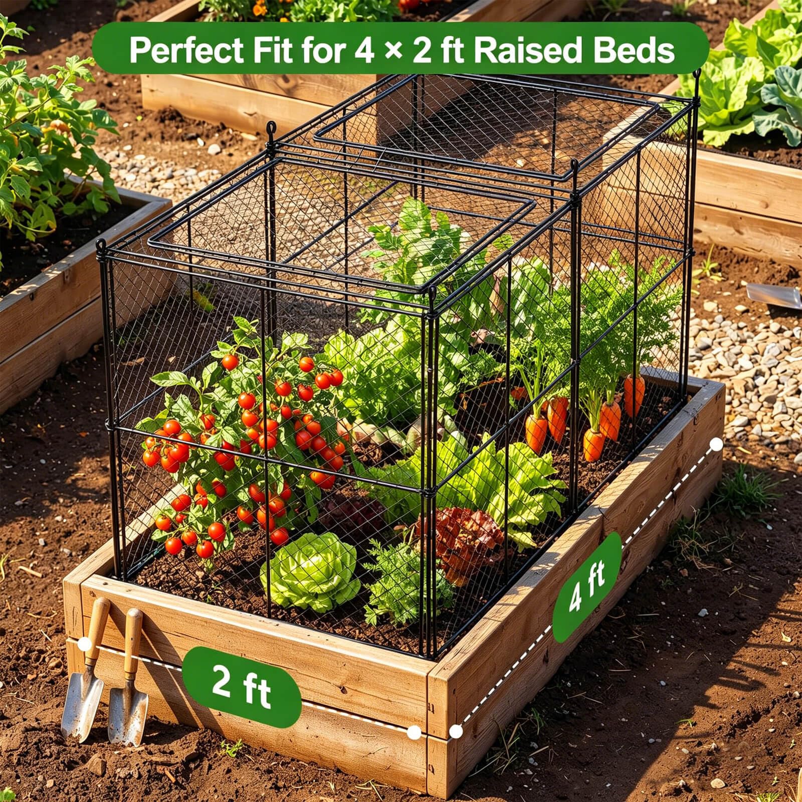 TAOMENNI installed on a 4x2 ft raised bed protecting seedlings from animals
