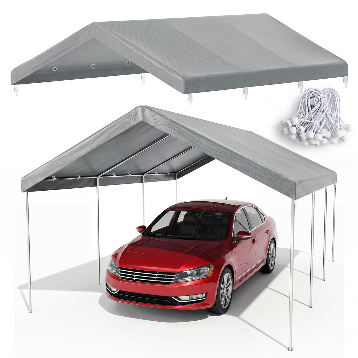 Tapizado front view of gray 10x20 top cover showing full fit and protection