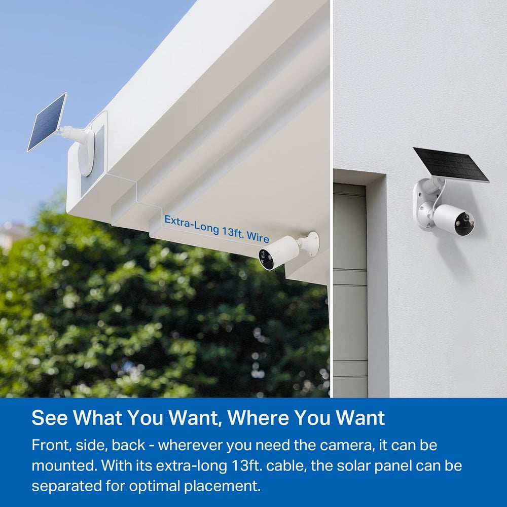 Tapo solar panel beside measuring tape showing 4m cable reach for flexible placement