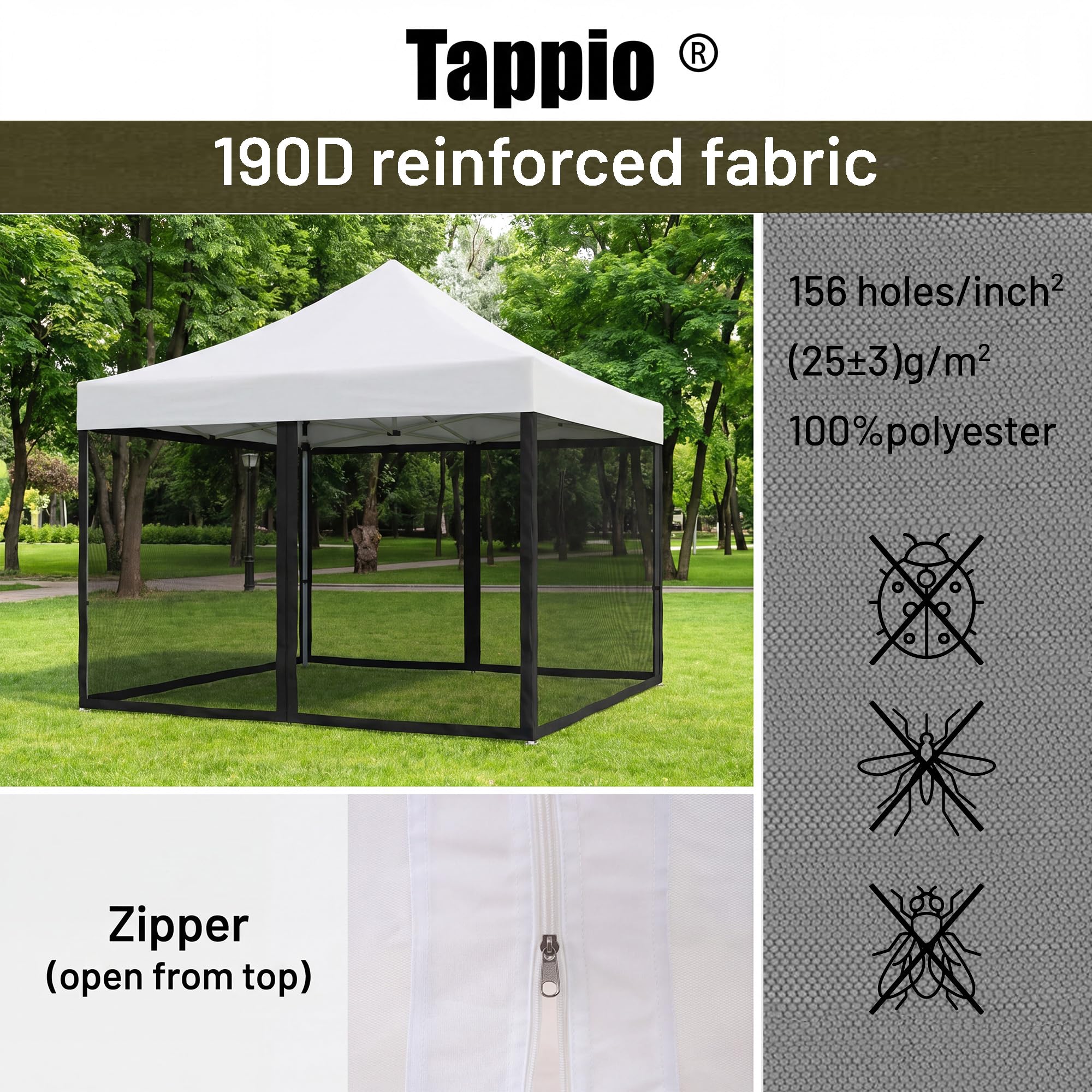 Tappio top straps hooked to canopy frame for quick tool-free installation benefit