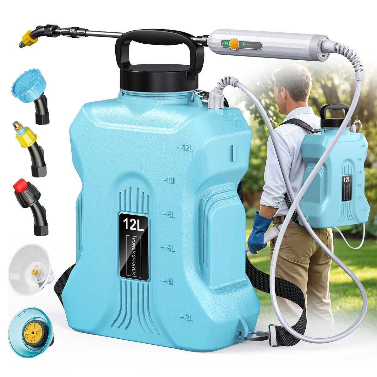 Tarden front view of backpack sprayer showing ergonomic straps and tank for comfortable carrying