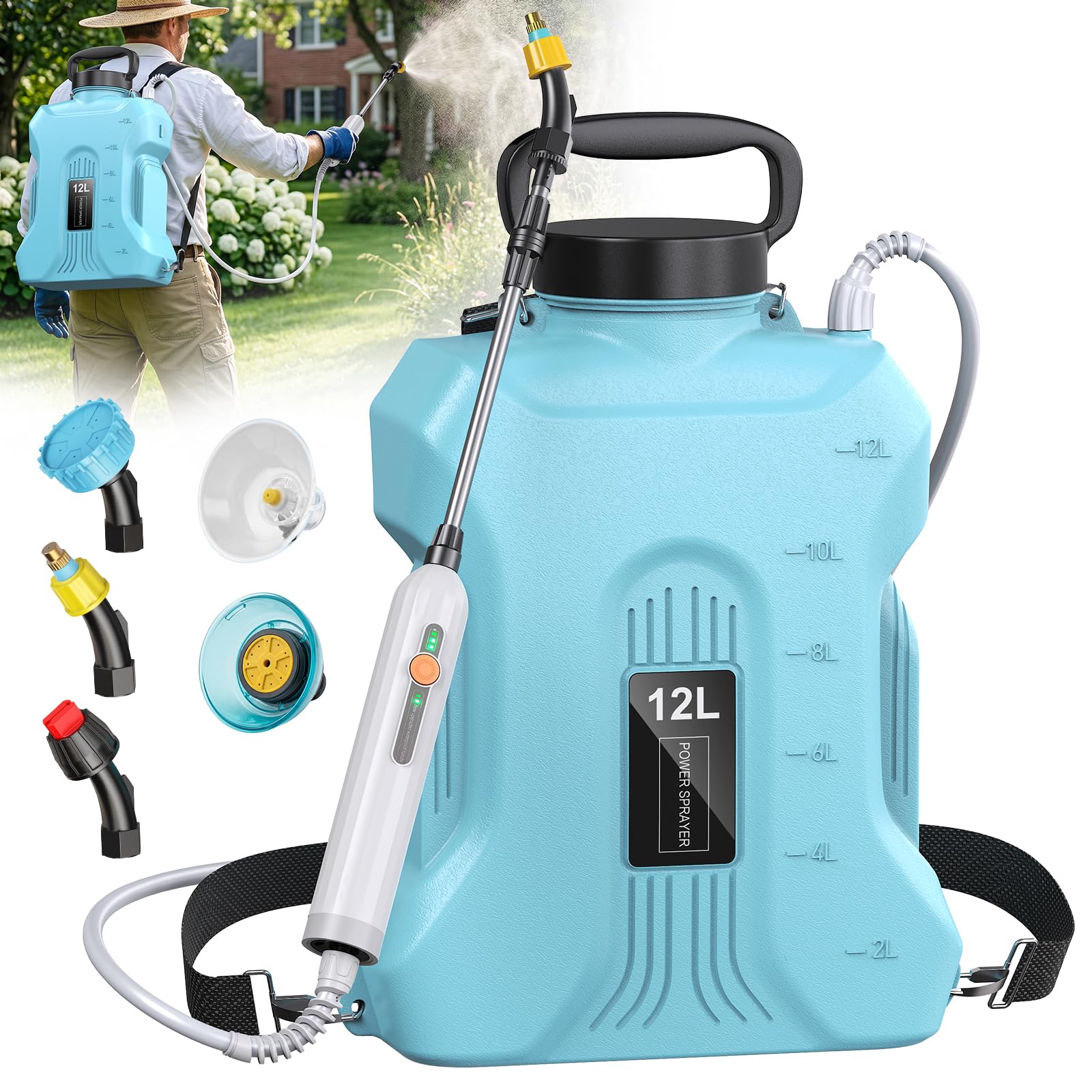 Tarden sprayer beside a gallon container to illustrate 3.5 gallon (12L) capacity
