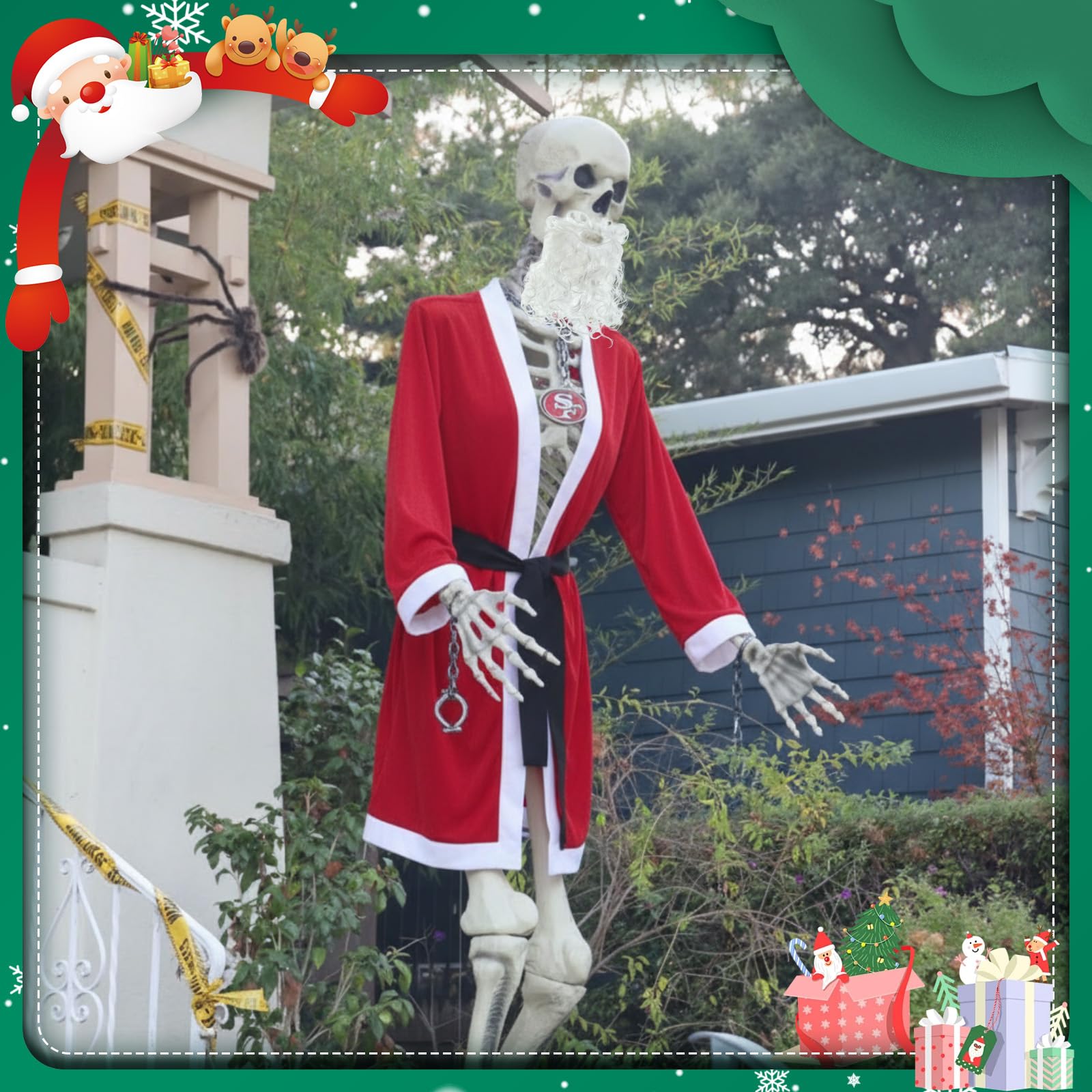 Tarpop nighttime yard display of skeleton Santa creating curb appeal