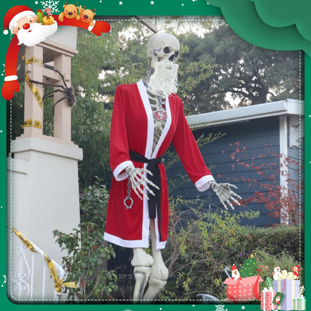 Tarpop nighttime yard display of skeleton Santa creating curb appeal