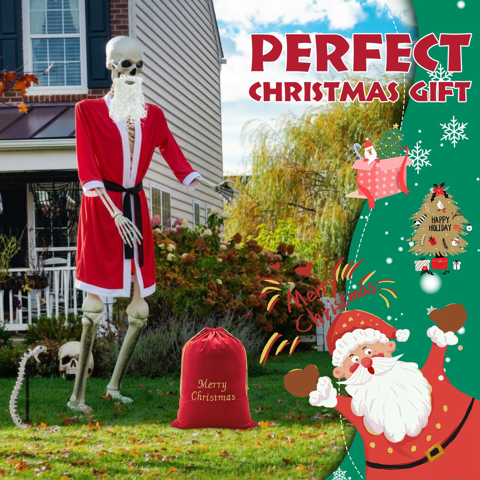 Tarpop 12ft skeleton wearing robe staged in yard for attention