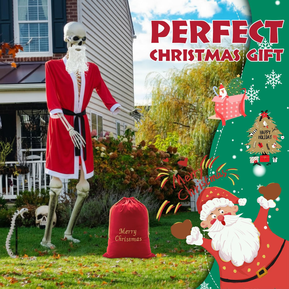 Tarpop 12ft skeleton wearing robe staged in yard for attention