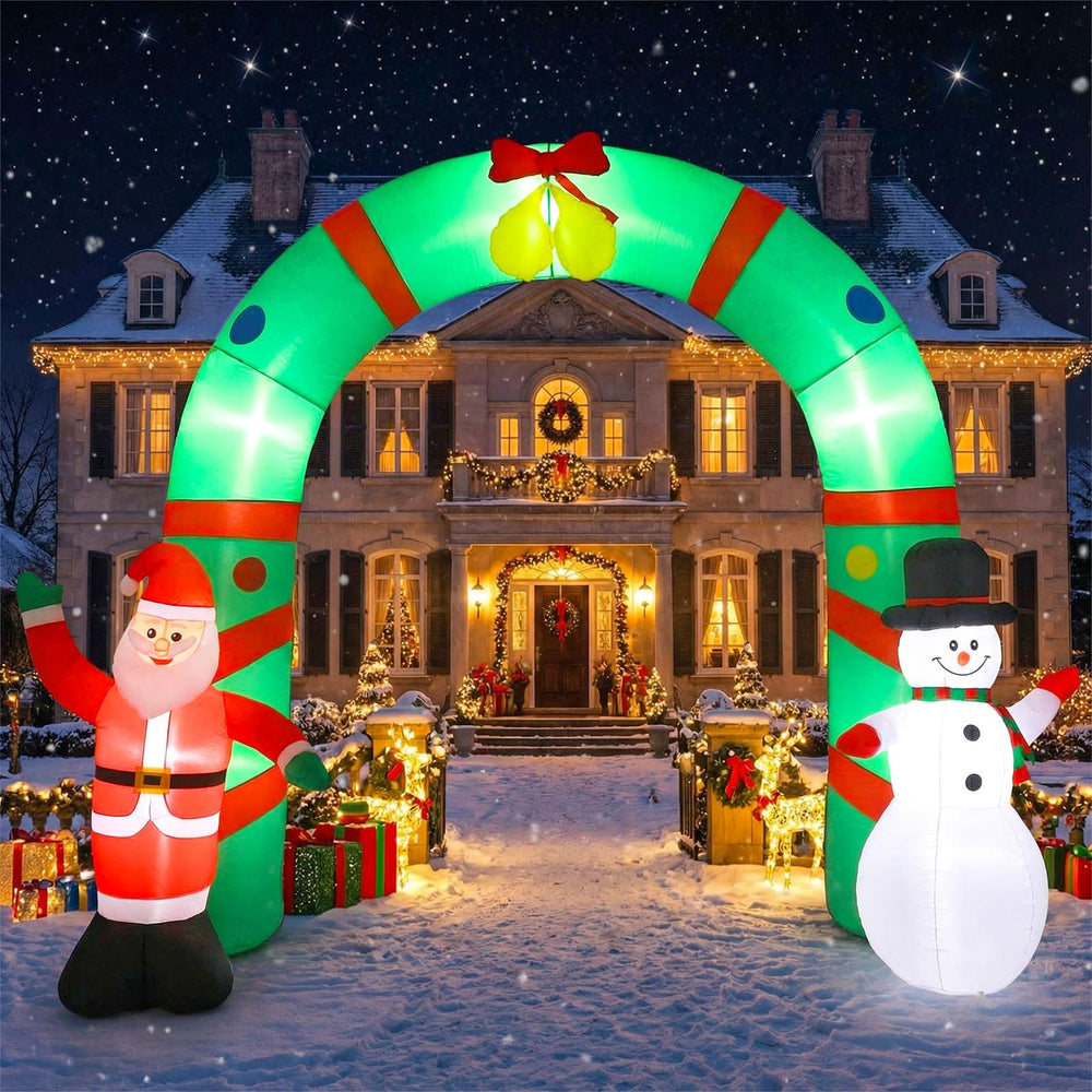 Tasdurian archway front view showing Santa and snowman, creates festive entrance