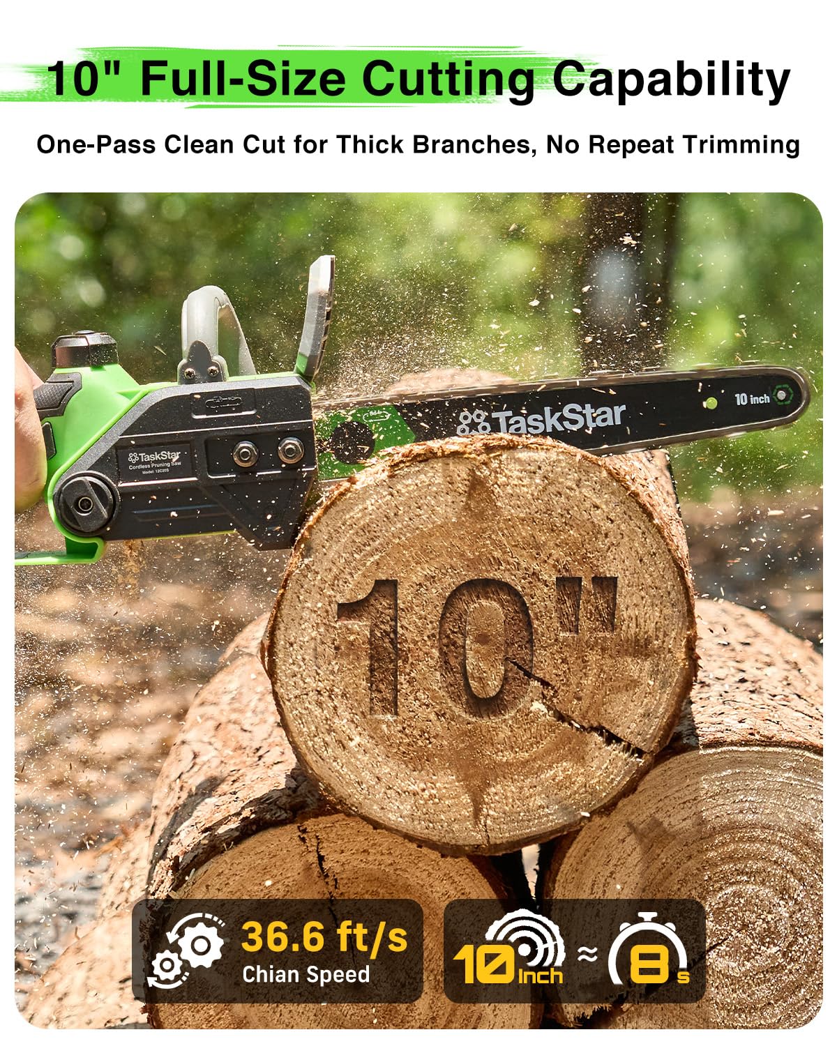 TaskStar 10-inch guide bar closeup showing cleaner, faster cutting