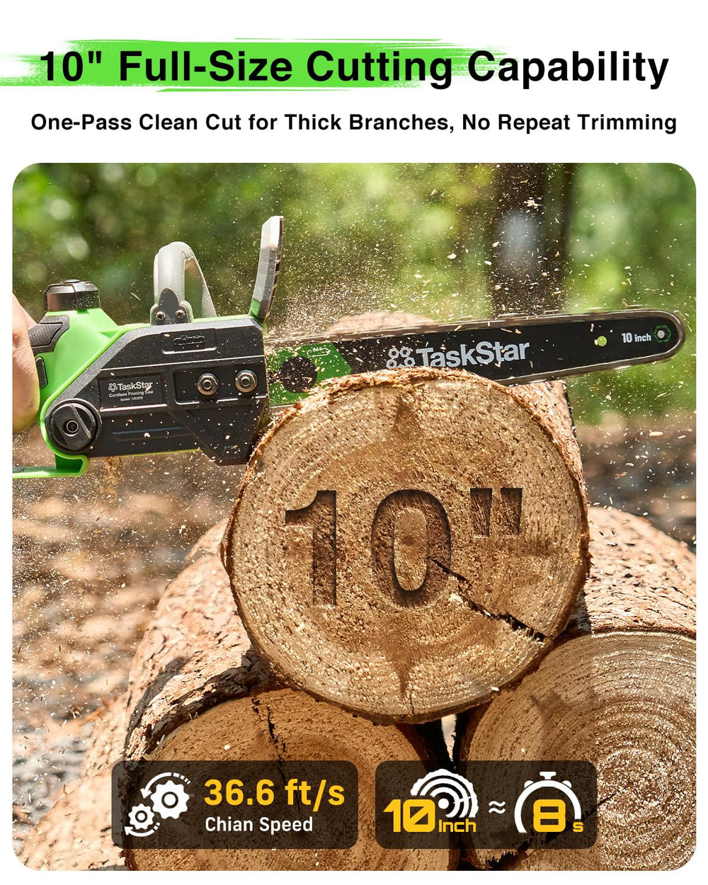 TaskStar 10-inch guide bar closeup showing cleaner, faster cutting