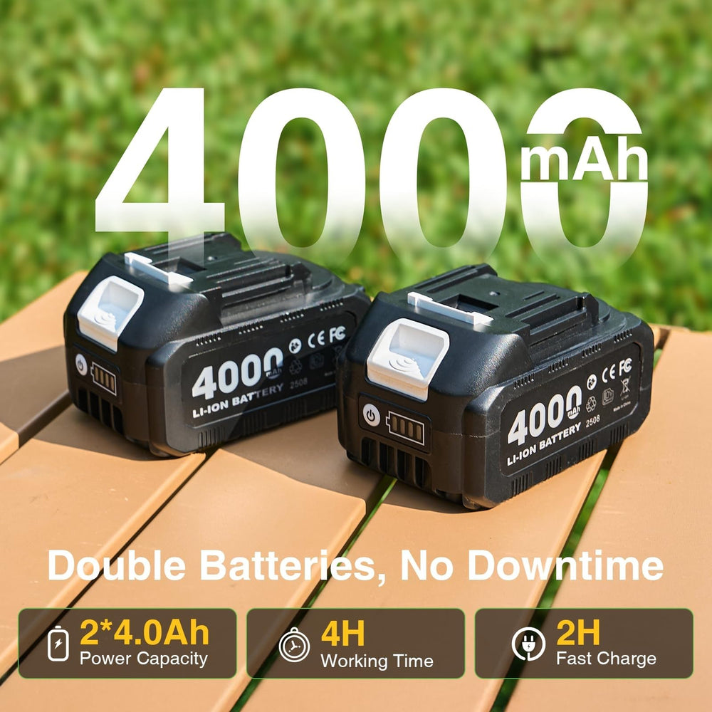 TaskStar batteries and charger displayed for long runtime benefits
