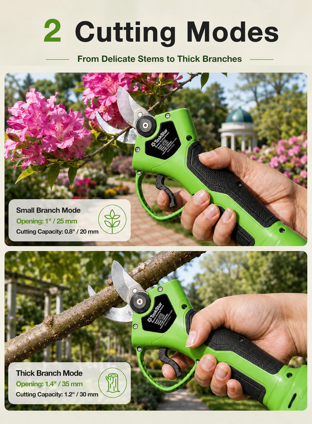 TaskStar cutting a small branch illustrating smooth powered cuts for faster yard work