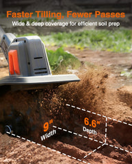 TaskStar tiller in use on a vegetable bed for faster soil preparation