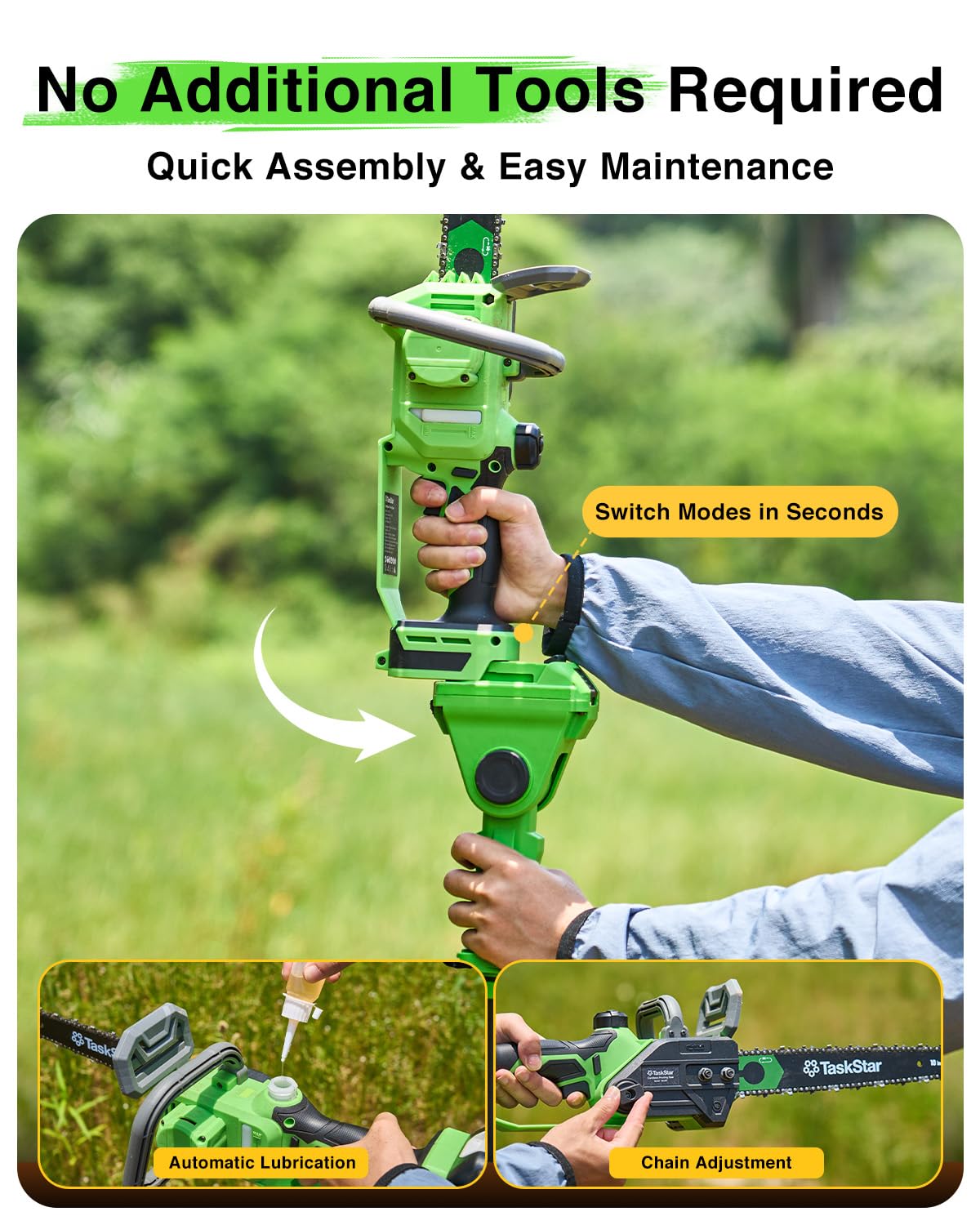 TaskStar in-use pole saw reaching high limb for ladder-free trimming