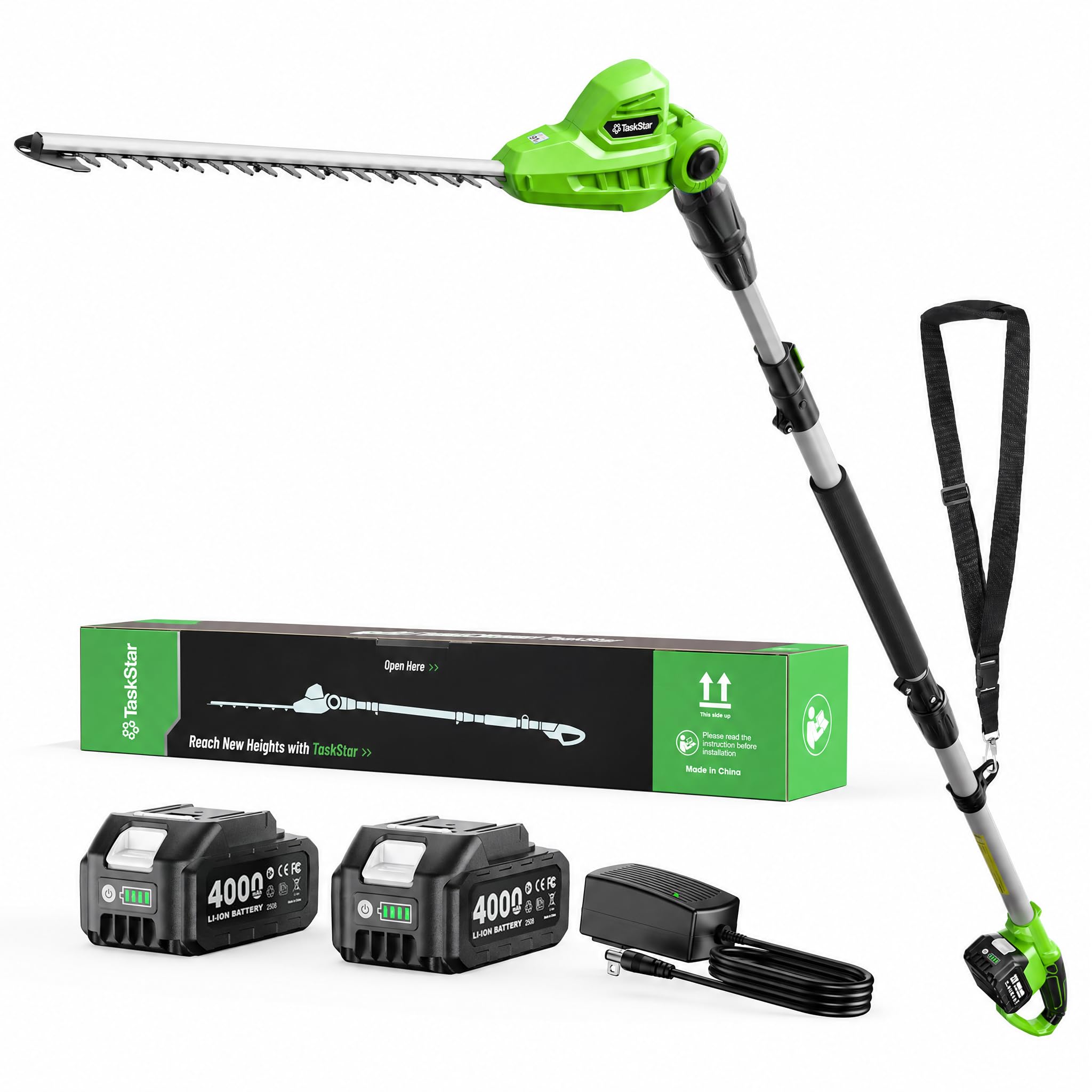 TaskStar pole trimmer front view showing full tool and balance benefit