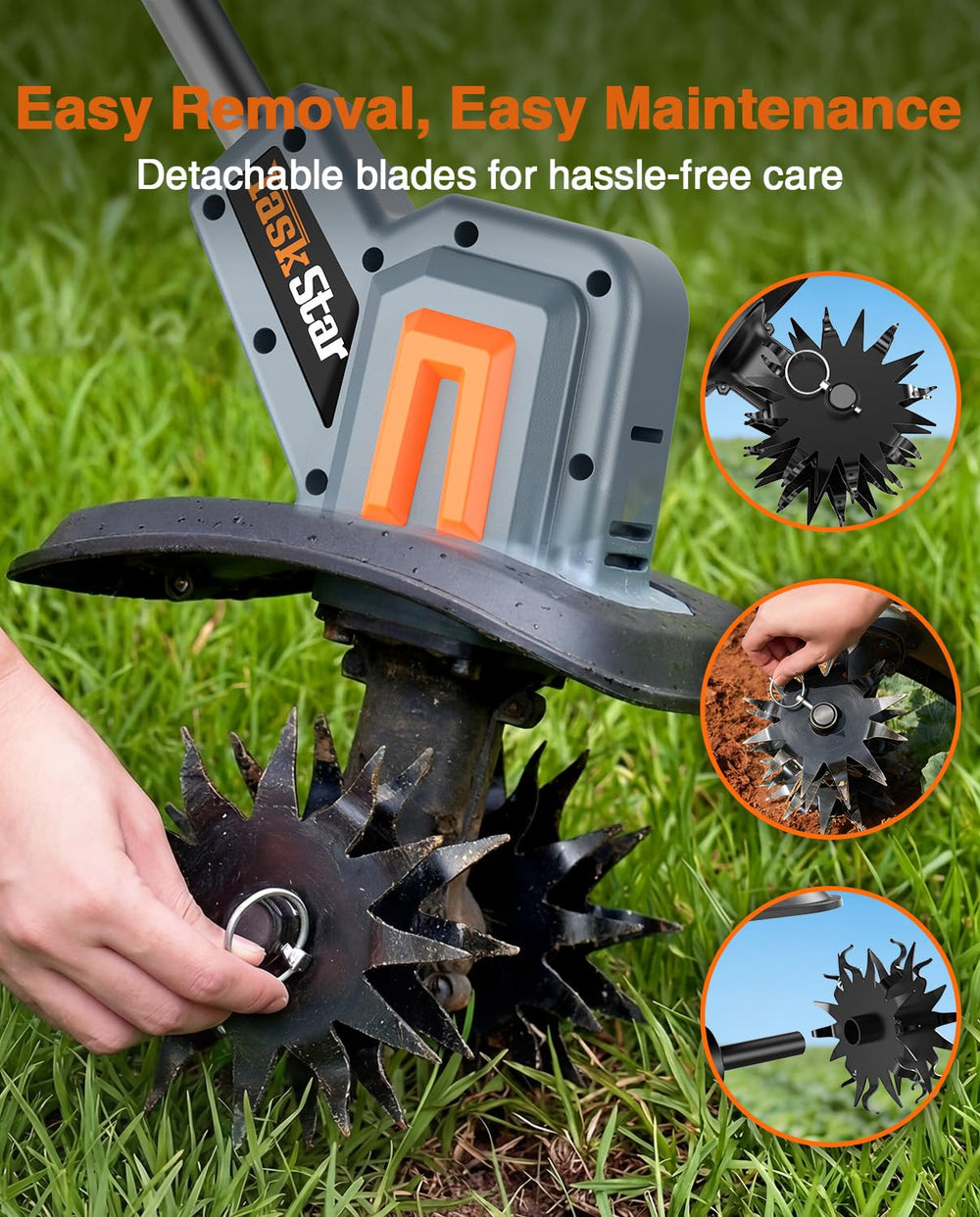 TaskStar next to a garden rake for scale and compact storage benefit