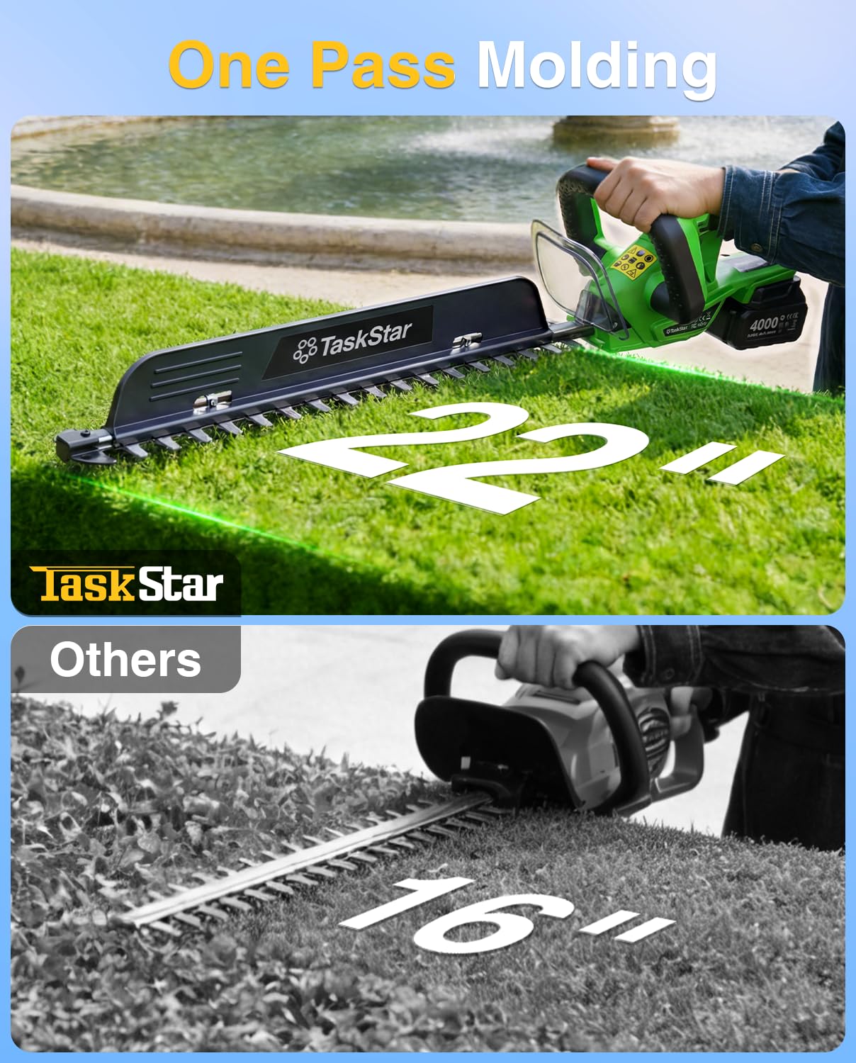 TaskStar size comparison beside a ruler showing 22-inch blade for wider pass