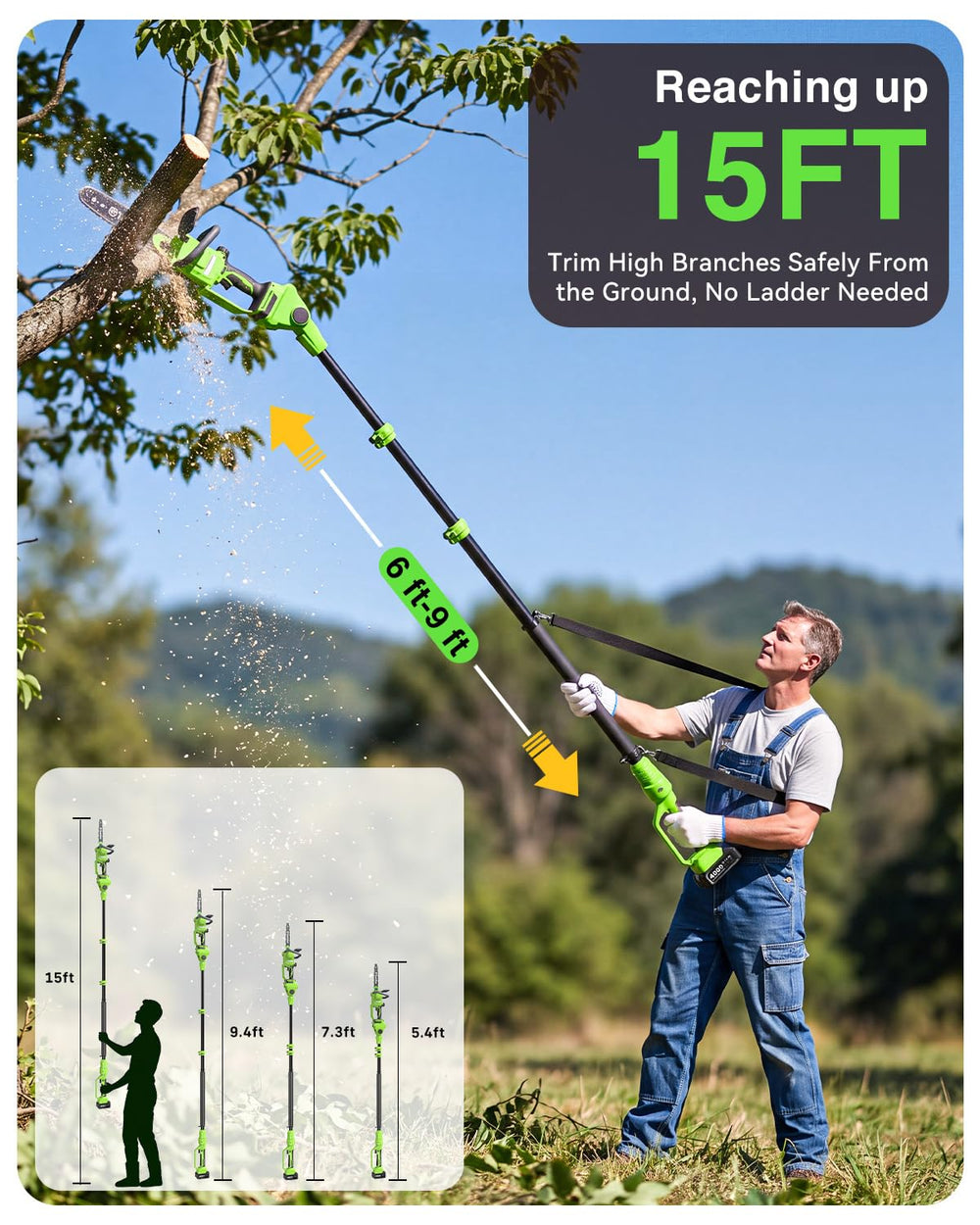 TaskStar telescopic pole extended to 15ft for safe overhead trimming