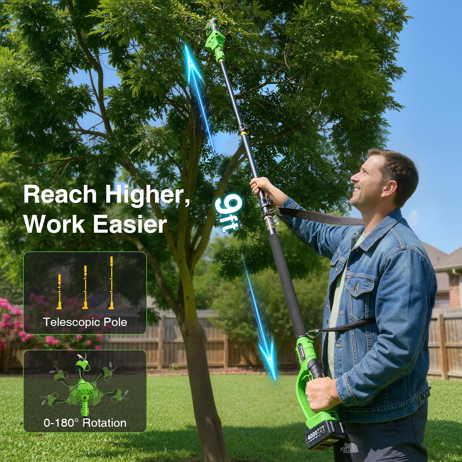 TaskStar telescopic pole extended to 9ft for safe high pruning reach