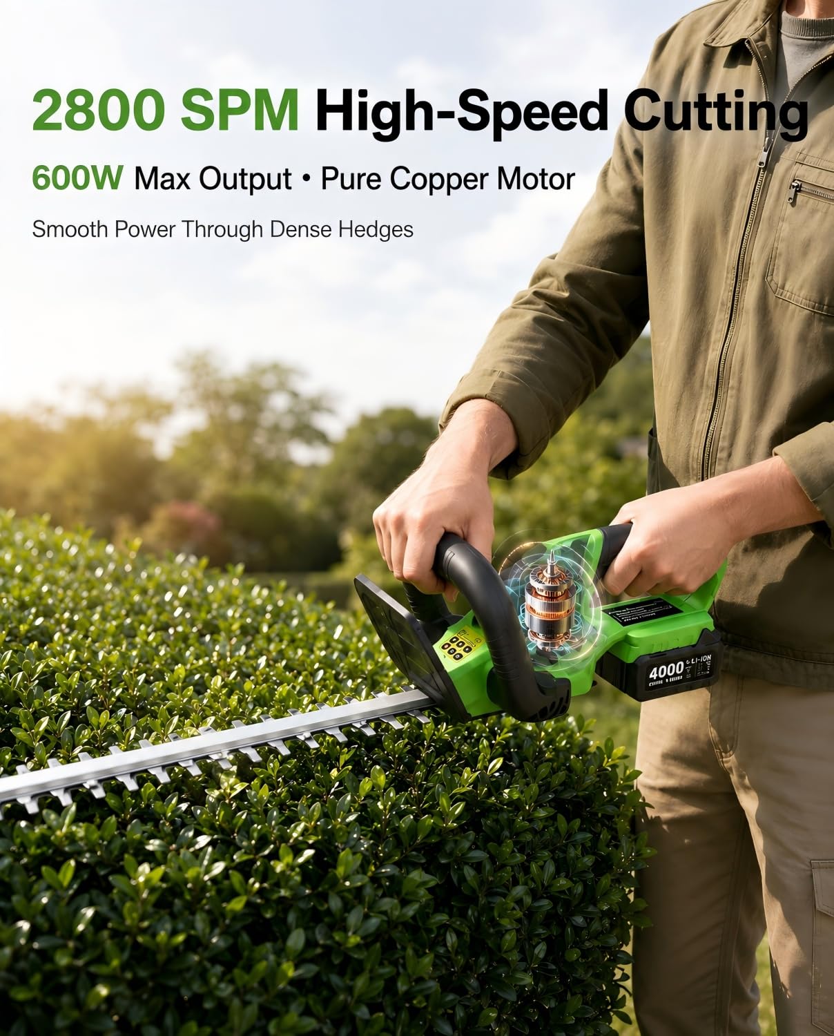 TaskStar hedge trimmer in hand cutting hedges demonstrating easier handling and control