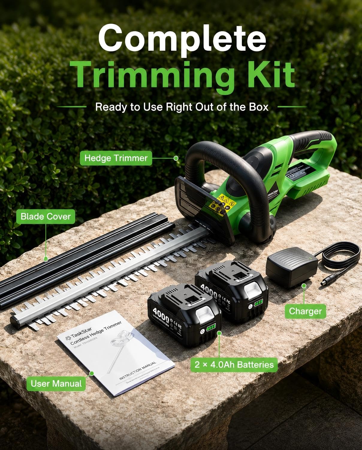 TaskStar lifestyle image trimming a garden hedge showing efficient cordless yard shaping