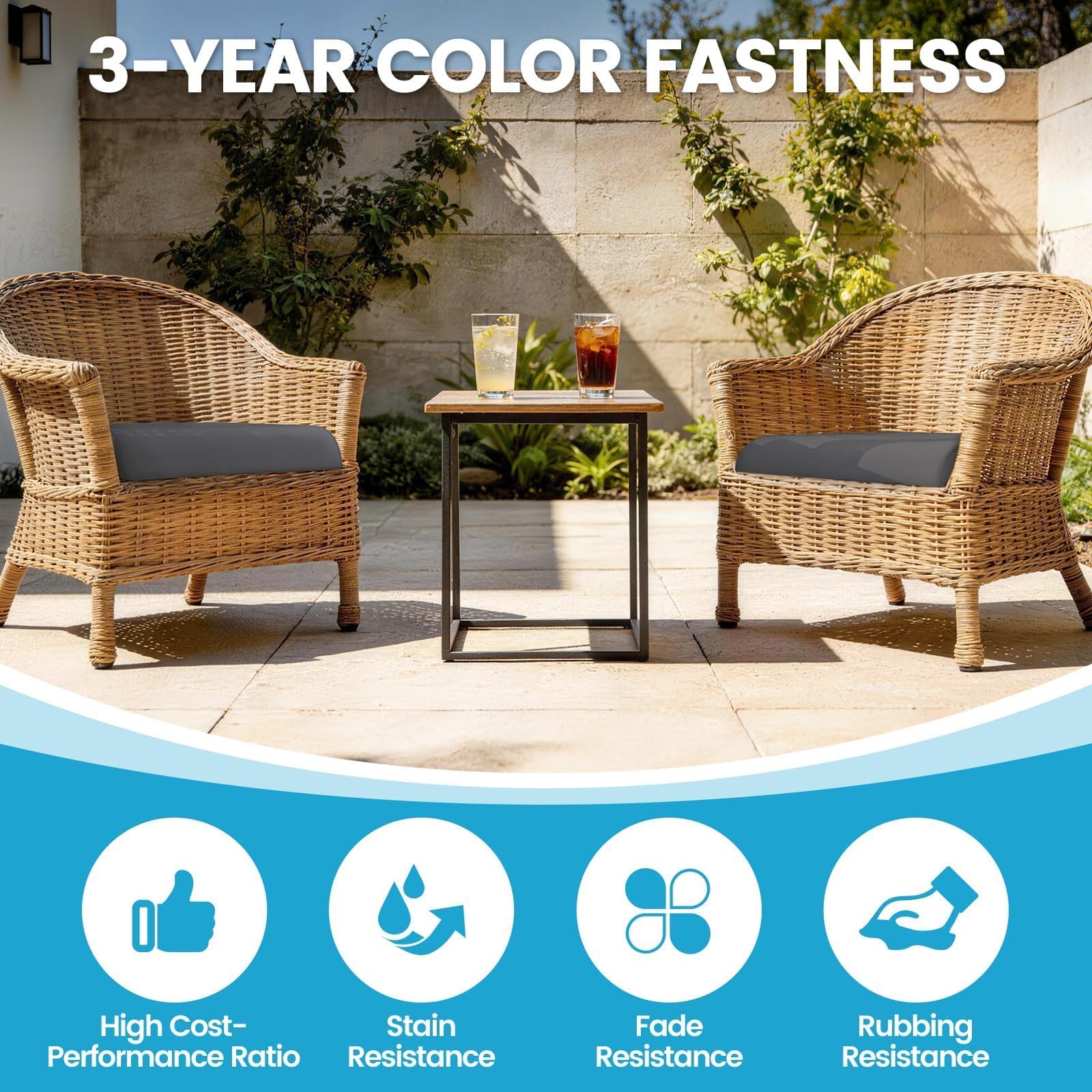 TasticTotes cushions in use on a patio chair set providing comfortable seating