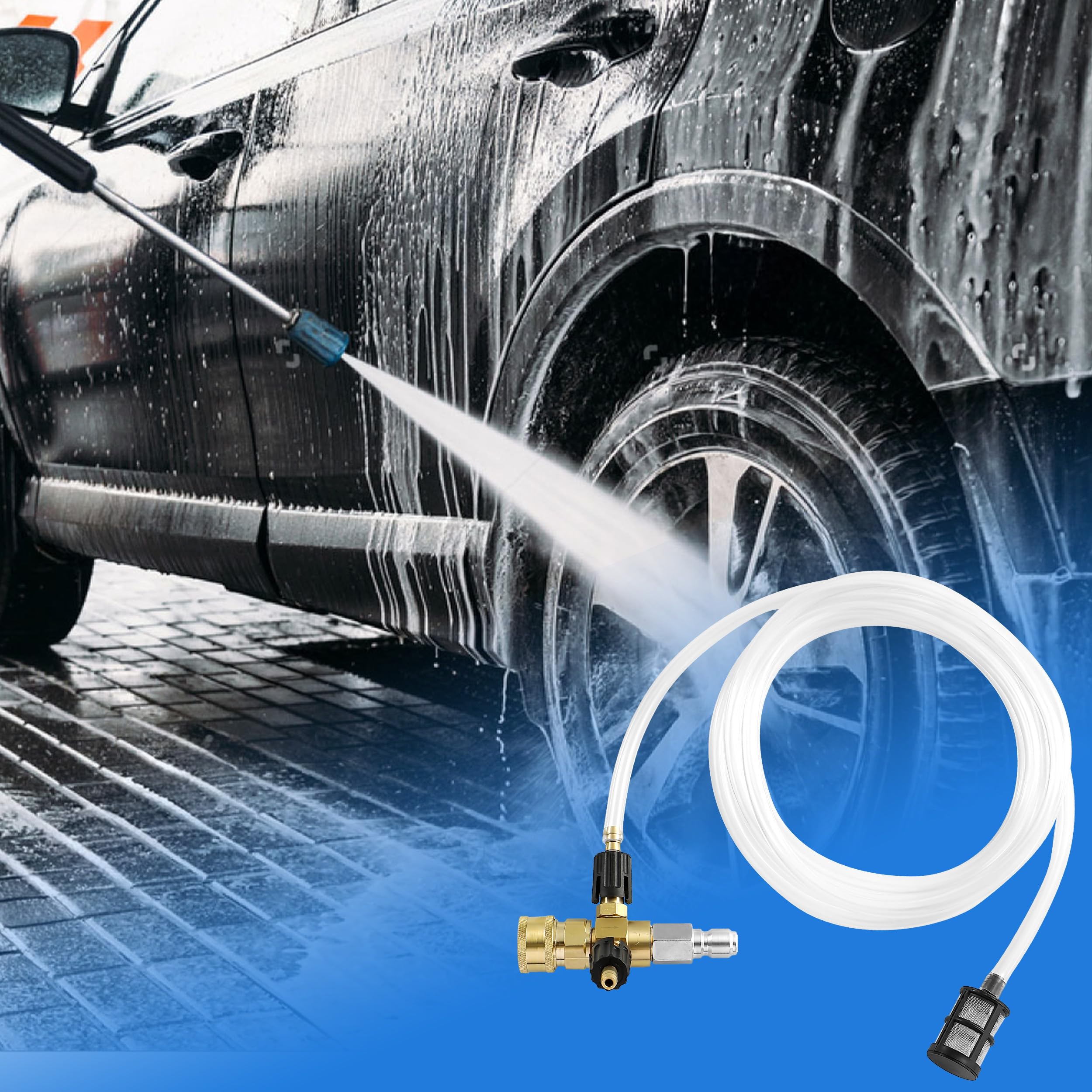 TasuoX injector spraying detergent on driveway for efficient cleaning