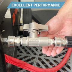TasuoX quick-connect end ready for tool-free attachment to standard hoses and guns