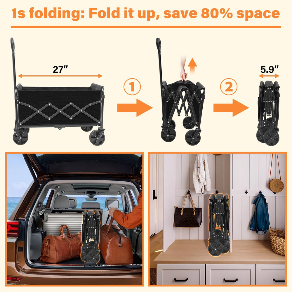 TATAANTY folded wagon in a car trunk demonstrating space-saving convenience