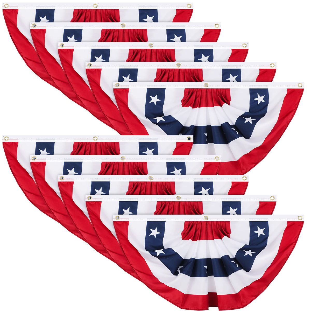Tatuo front-facing pack of ten pleated fan flags showing full set and size benefit