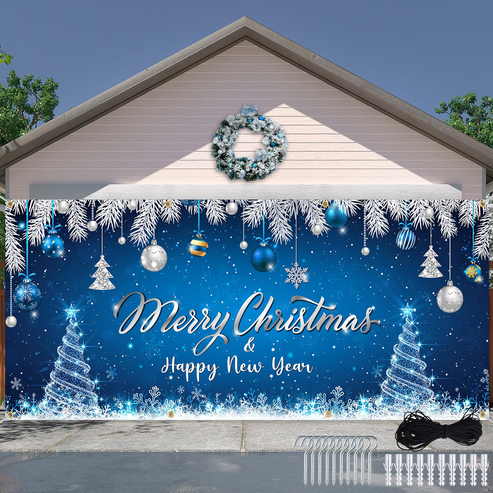 Tatuo front view showing full blue Merry Christmas garage cover, festive curb appeal