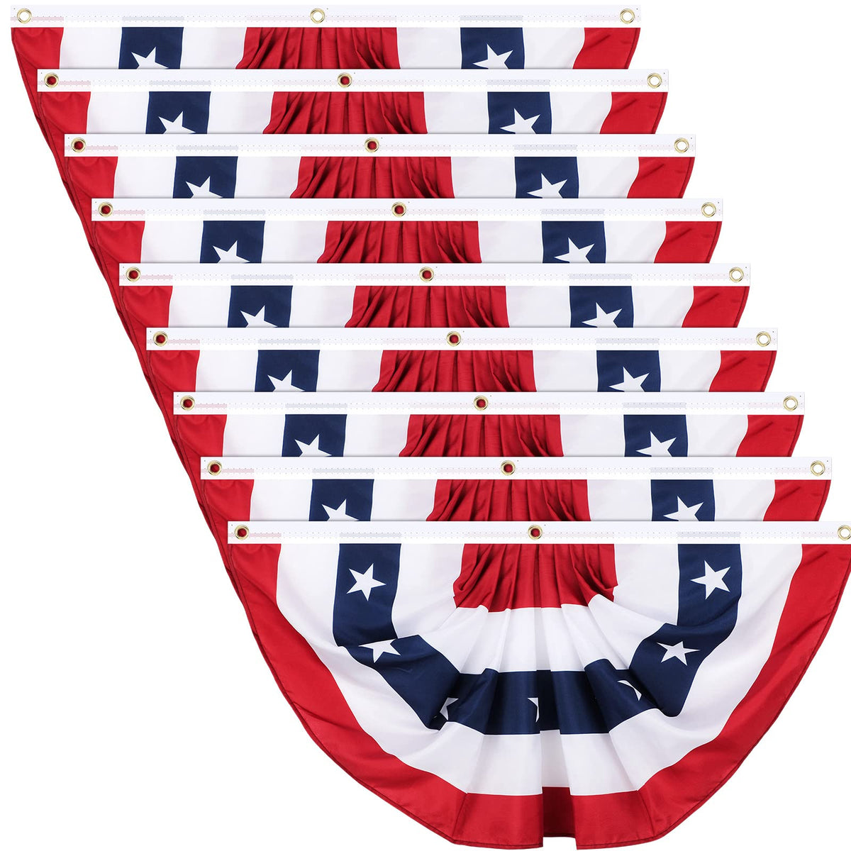 Tatuo front view of pleated fan flag showing neat stitching and patriotic design