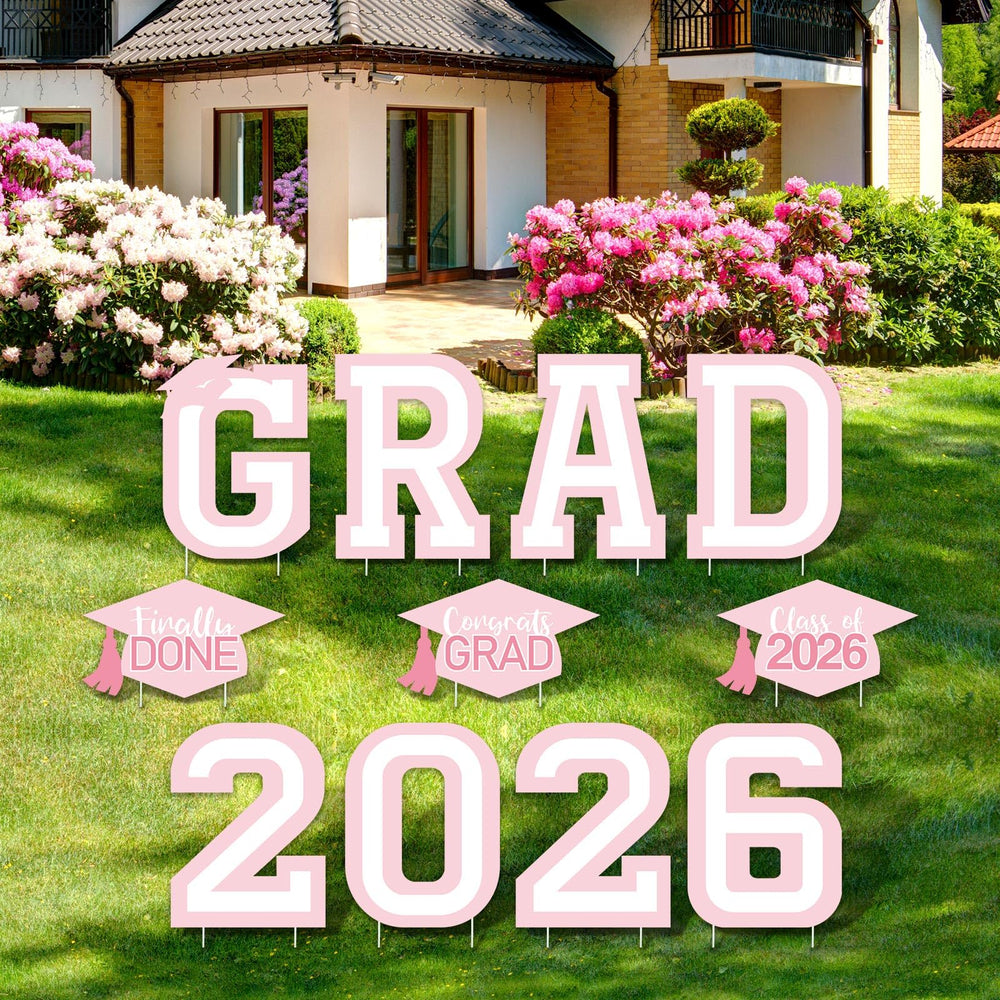 Tatuo front view of packaged 11-piece graduation yard sign set showing coordinated pink benefit visibility