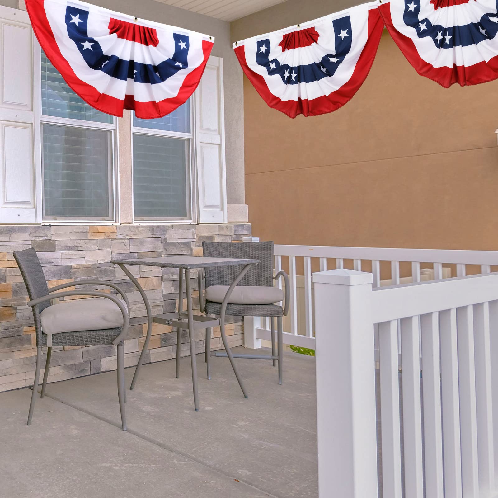 Tatuo hung on porch rail giving classic patriotic look and easy installation