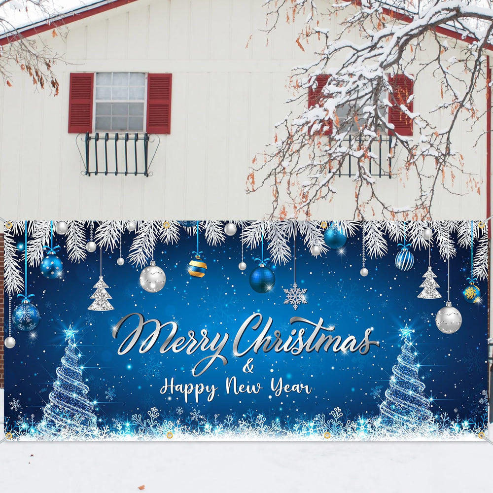 Tatuo banner hung on a yard fence, adds winter wonderland atmosphere outdoors