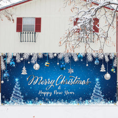 Tatuo banner hung on a yard fence, adds winter wonderland atmosphere outdoors
