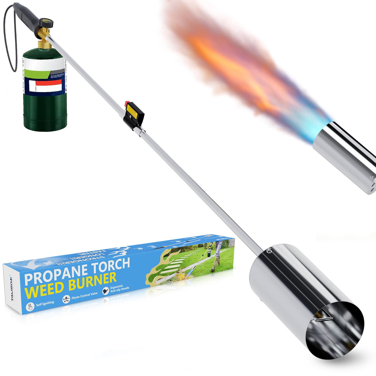 TAUSOM torch front view showing nozzle and ready-to-use benefit