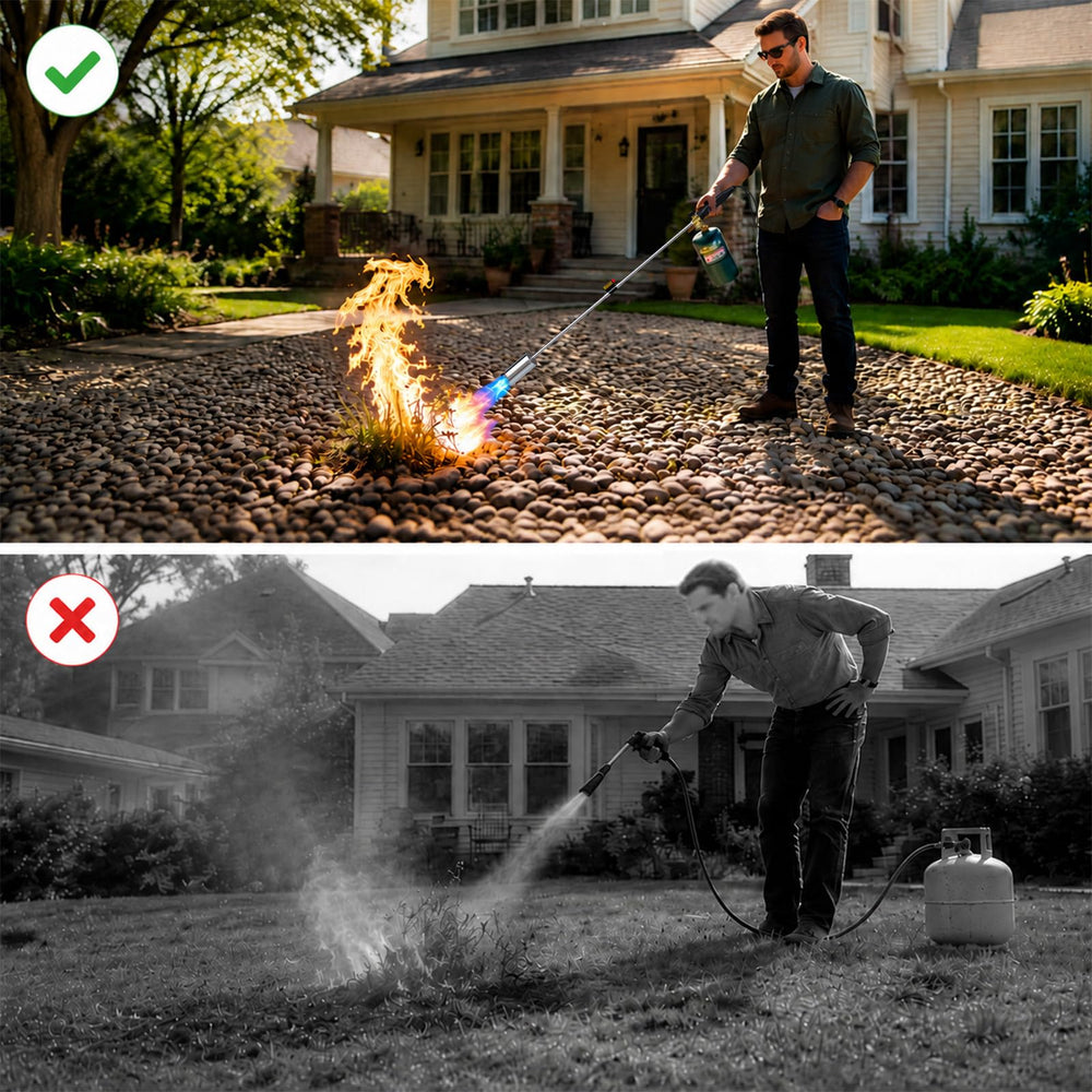 TAUSOM torch in use burning weeds for quick vegetation removal