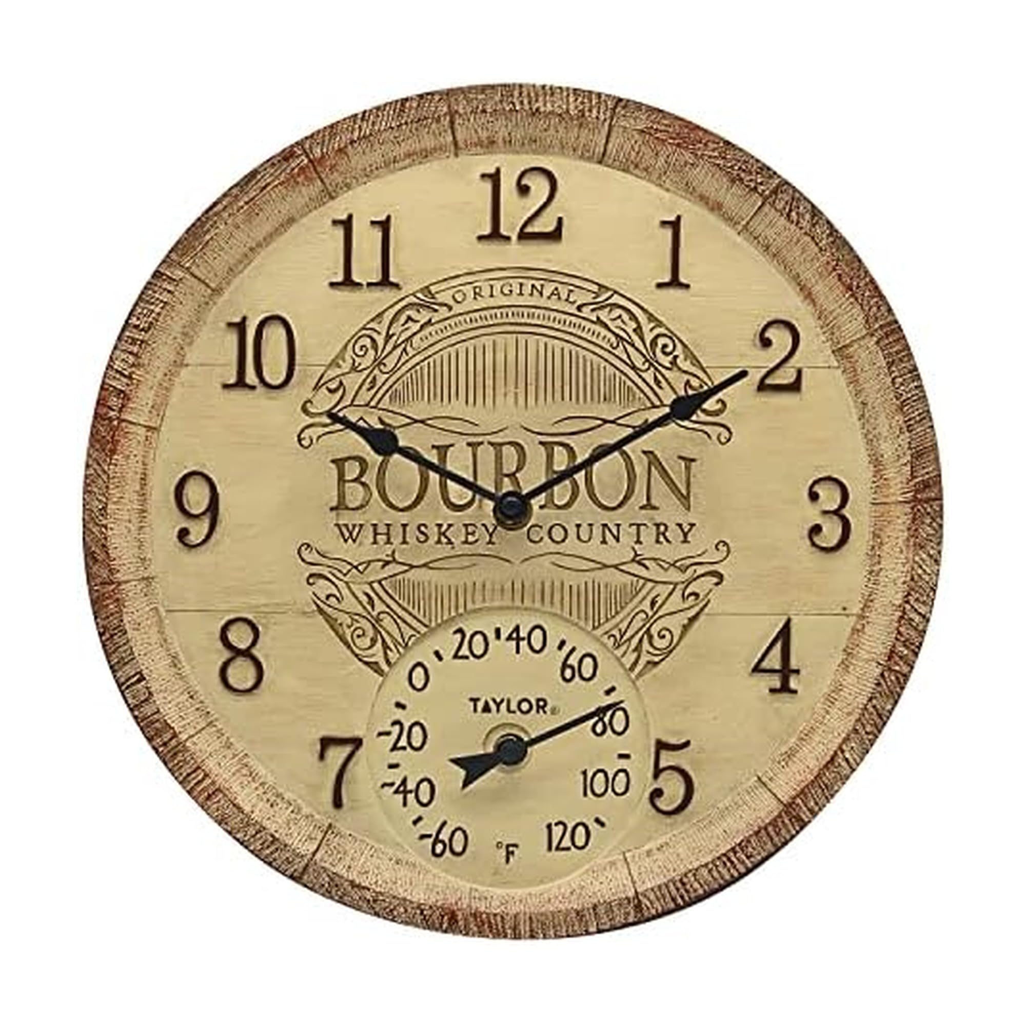 Taylor bourbon barrel front view showing clock face and clear numerals for easy reading