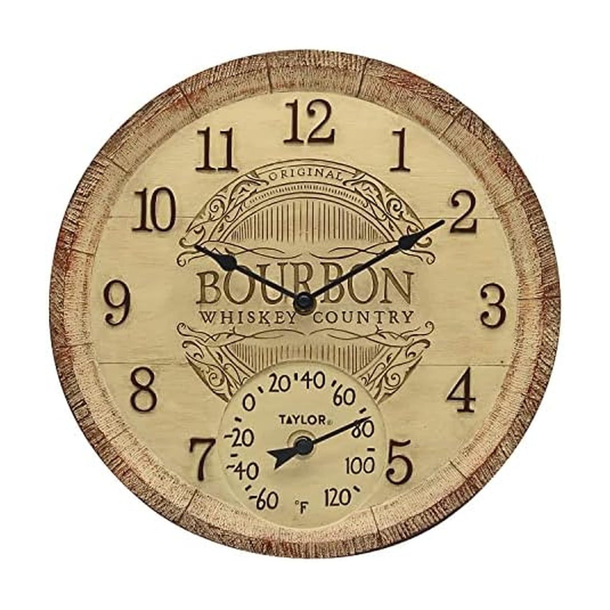 Taylor bourbon barrel front view showing clock face and clear numerals for easy reading
