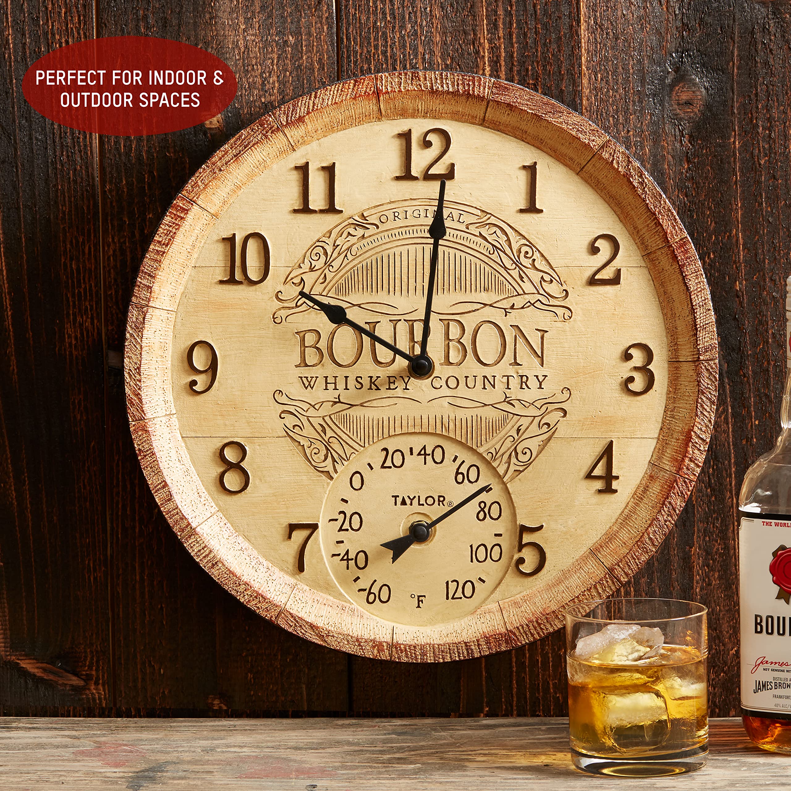 Taylor bourbon barrel next to chair for scale showing its 14-inch size and visual impact