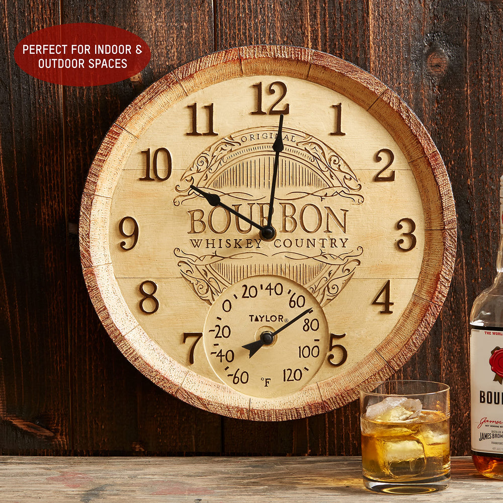 Taylor bourbon barrel next to chair for scale showing its 14-inch size and visual impact