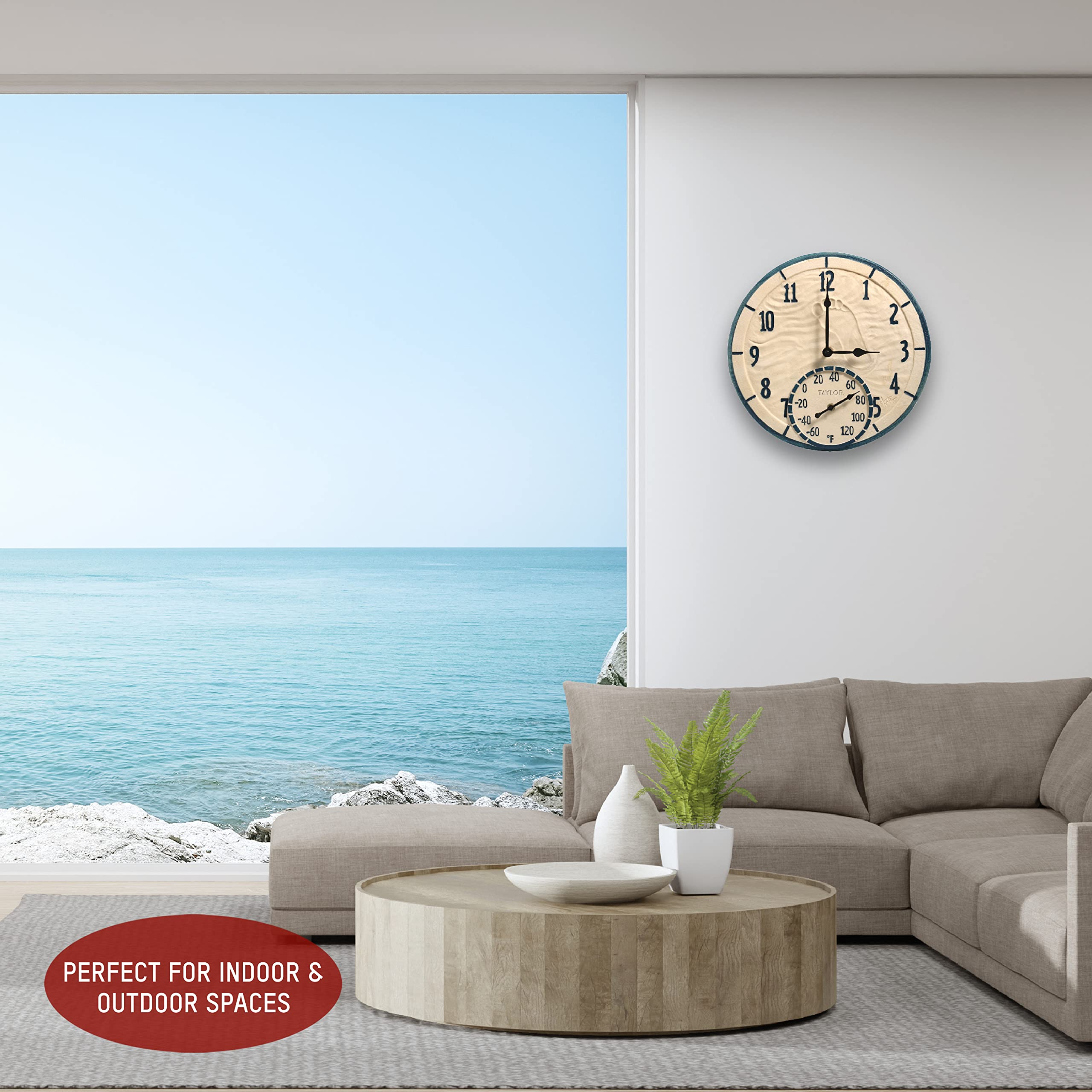 Taylor on kitchen wall adding decorative, weather-resistant timekeeping