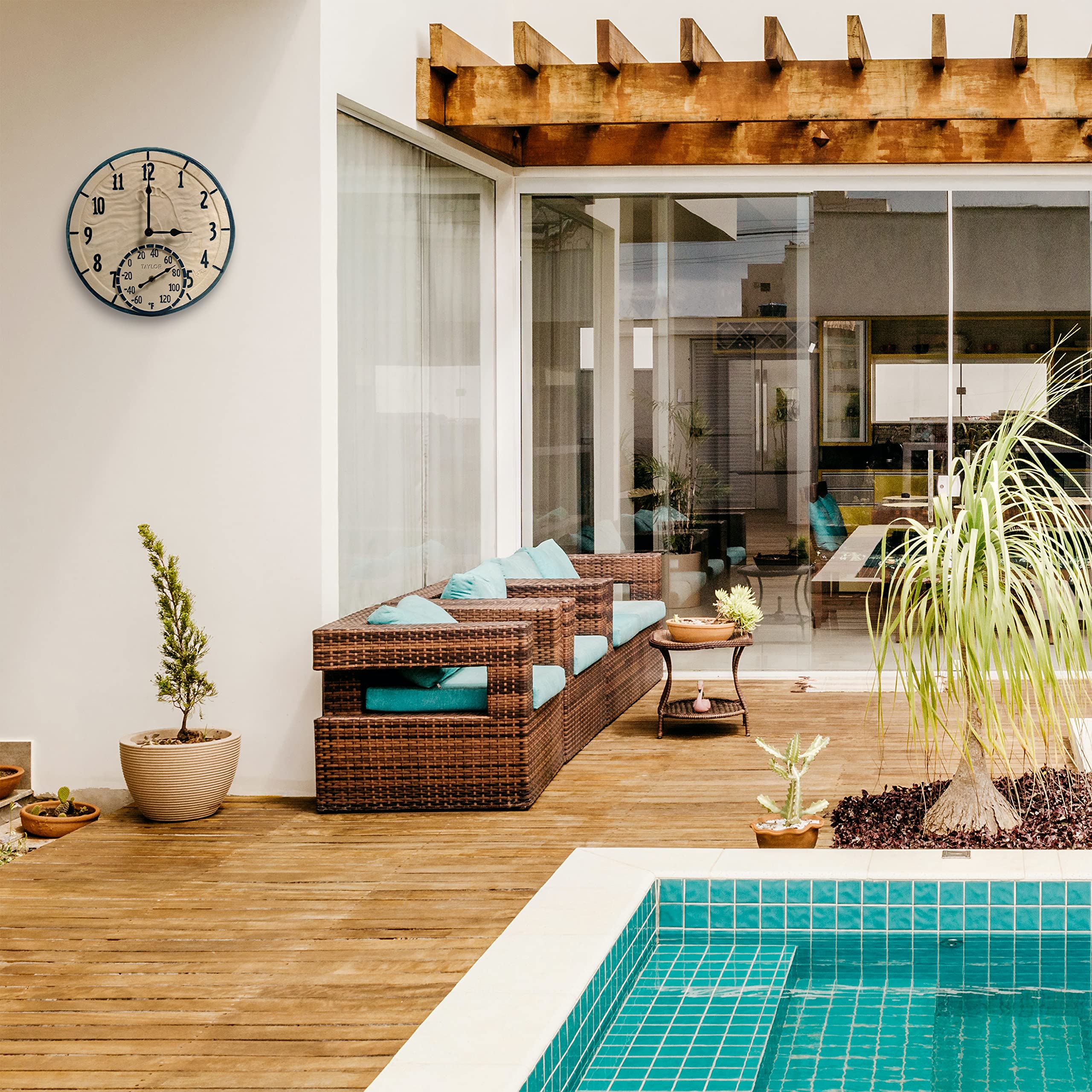 Taylor on patio wall demonstrating indoor-outdoor versatile placement benefit