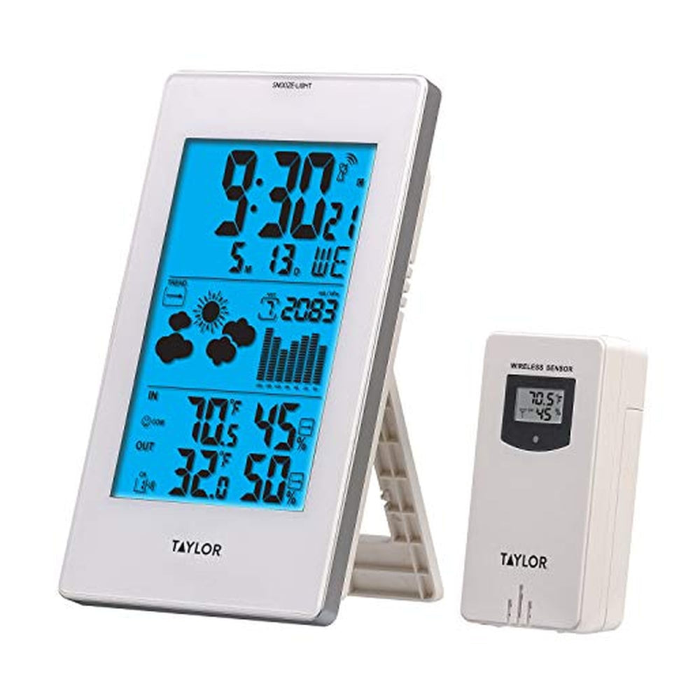Taylor forecaster front display with blue backlight showing temp, humidity, and icons