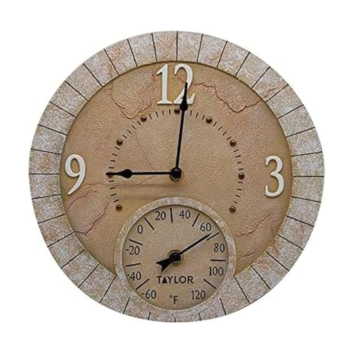 Taylor front view terra cotta clock showing decorative look and durability