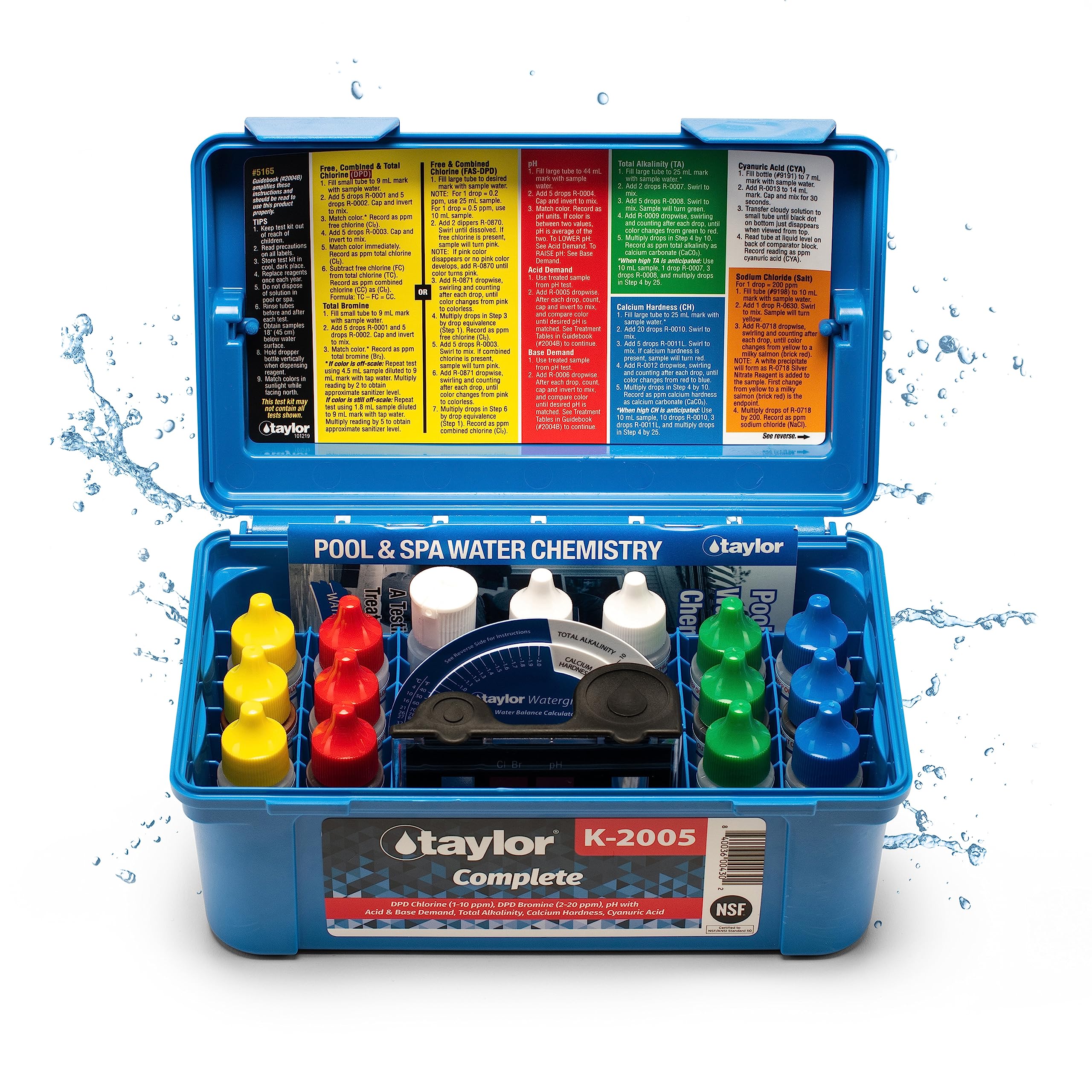 Taylor Technologies K-2005 front view with comparator and reagents, shows organized kit benefits