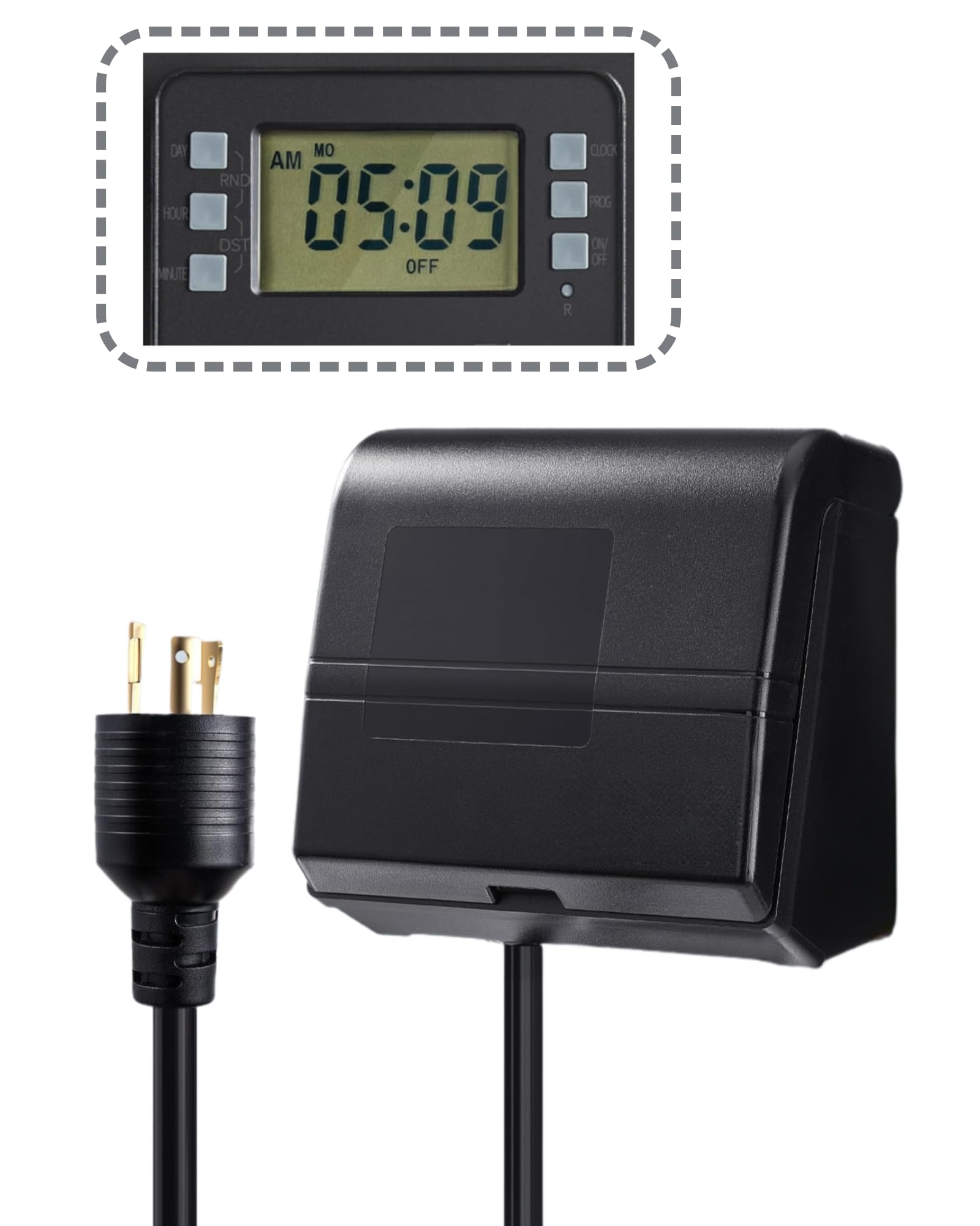 TAYMATIC front view showing plug and timer, simplifies outdoor scheduling